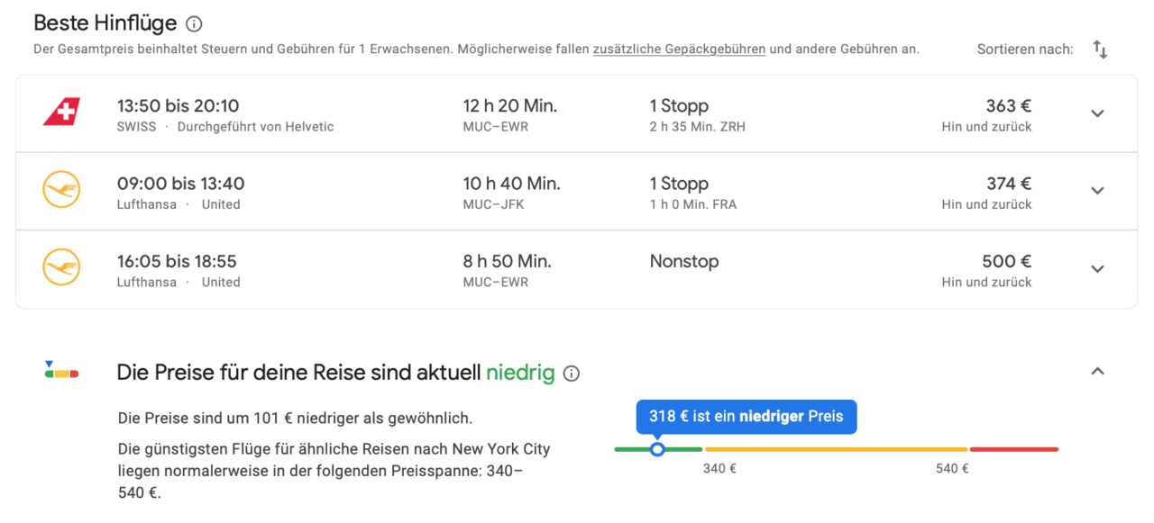 Google Flüge Screenshot
