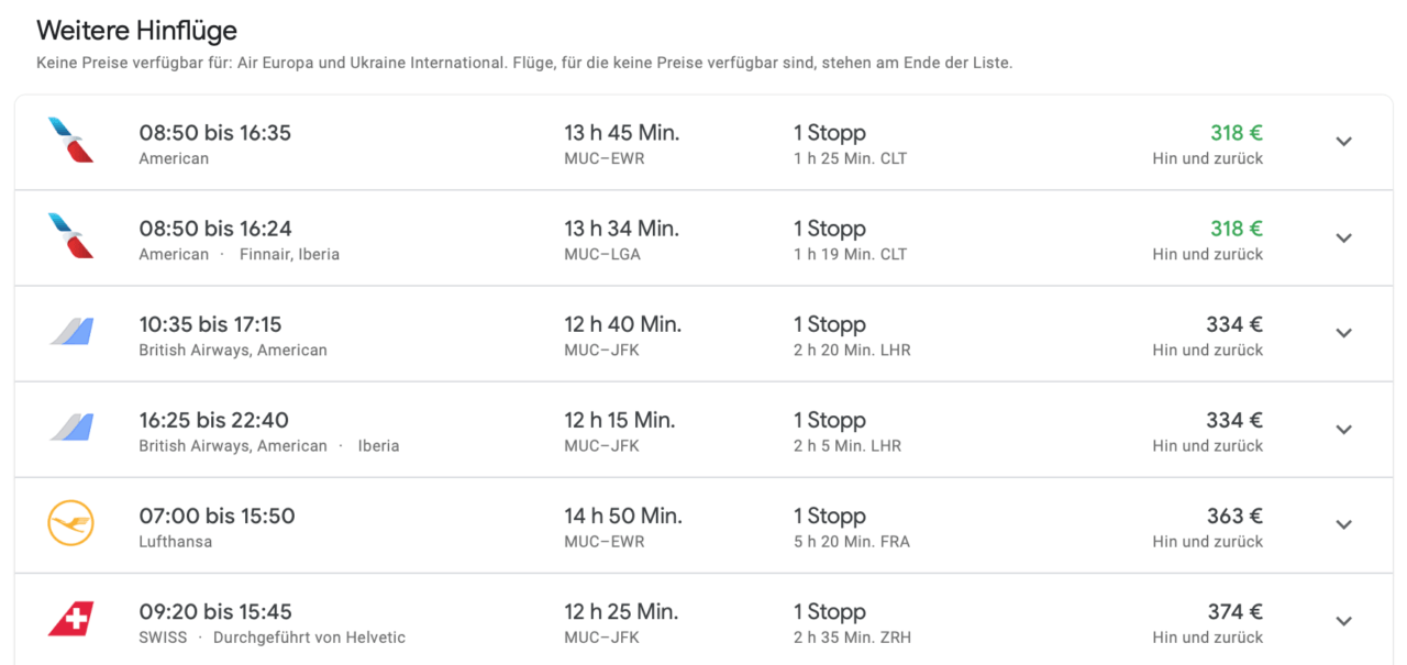 Google Flüge Screenshot