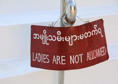 A red and white sign