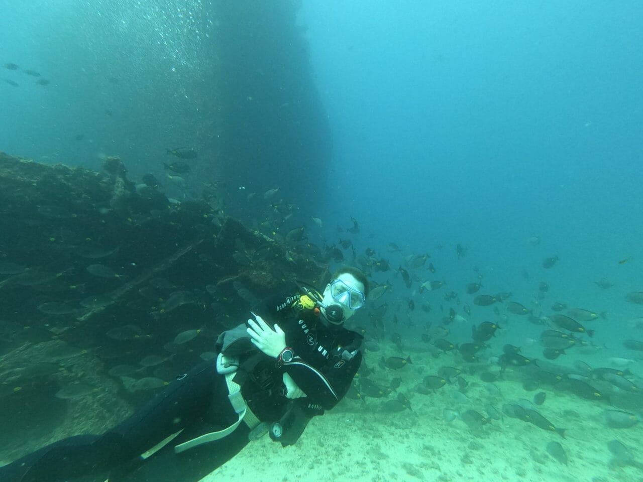 Taucher im Wasser vor Schiffswrack - Mindelo - Kapverden