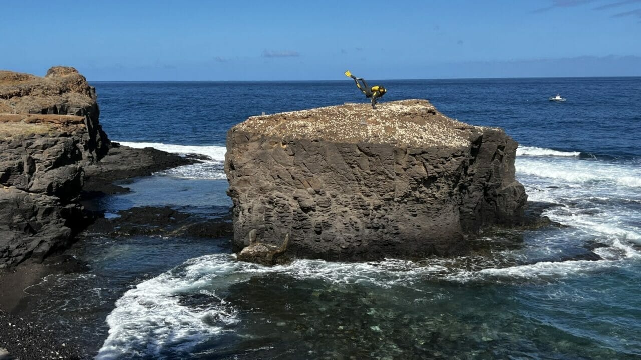 Eine Taucherstatue auf einem Riff im Meer